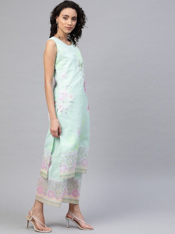 Ahalyaa Blue & Pink Floral Print Kurta With Palazzo For Discount