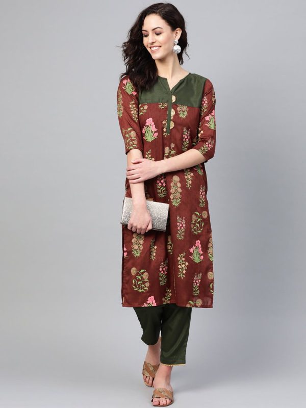 Ahalyaa Brown & Olive Green Printed Kurta with Palazzo Hot on Sale