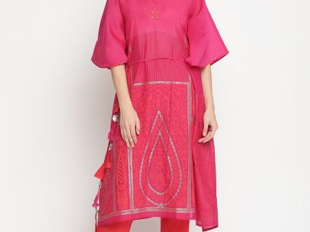 Ahalyaa Pink Chanderi Orange khari Print Kaftan With Trouser Online Hot Sale