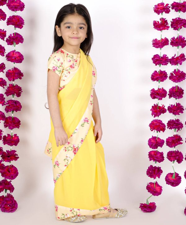 Little Bansi Girls Yellow Color 90 s Era Saree with Silk Floral Blouse For Cheap