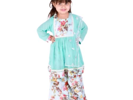 Little Bansi Girls Blue Color Floral print Kurta Frock with Floral Palazzo and Dupatta Online Sale