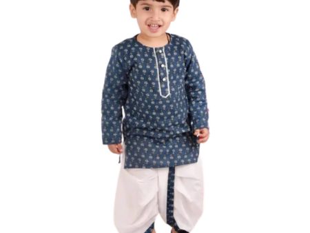 Little Bansi Girls Indigo and White Cplor Bengali Kantha work floral kurta with Dhoti Online Sale