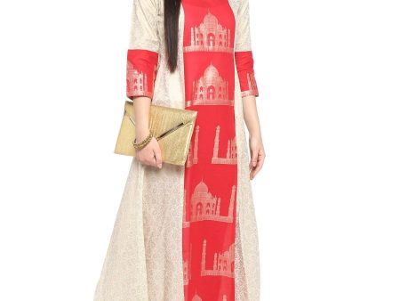 Ahalyaa Taj Mahal Print and Brocade Look Off White & Red Kurta Online