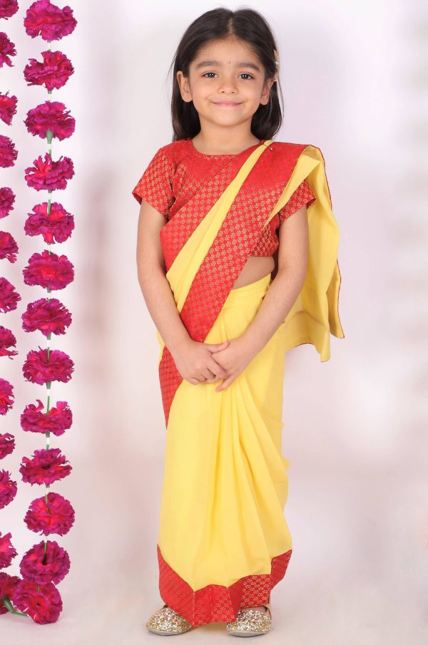 Little Bansi Girls Red and Yellow Color Saree with Floral Brocade Blouse Sale