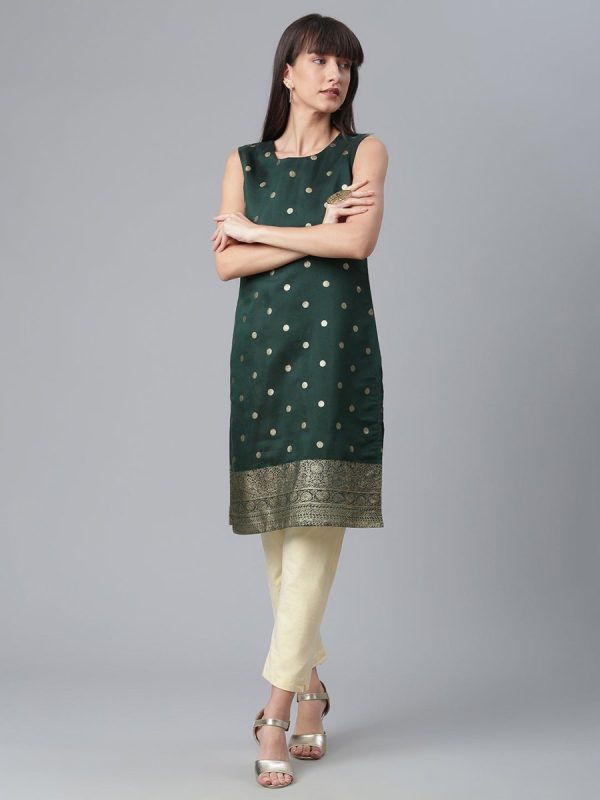 Ahalyaa Chanderi Dark Green Foil Gold Printed Kurti Discount