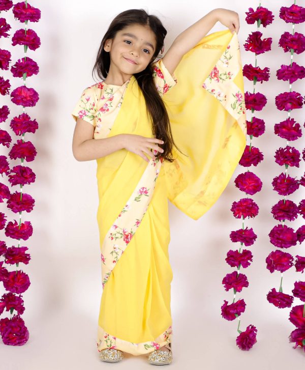 Little Bansi Girls Yellow Color 90 s Era Saree with Silk Floral Blouse For Cheap