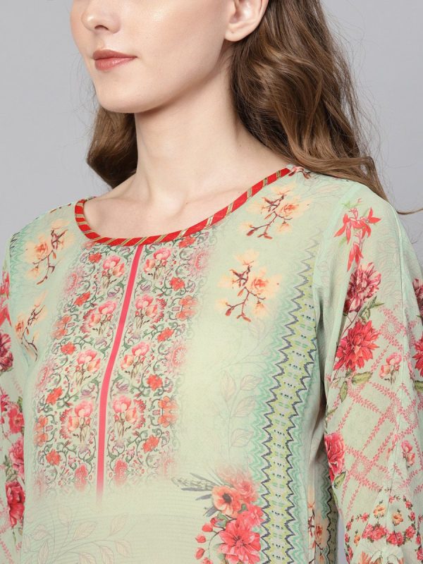 Ahalyaa Green & Coral Pink Floral Print Straight Kurta Hot on Sale