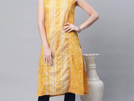 Ahalyaa Women s Mustard Pure Cotton Printed Kurta on Sale