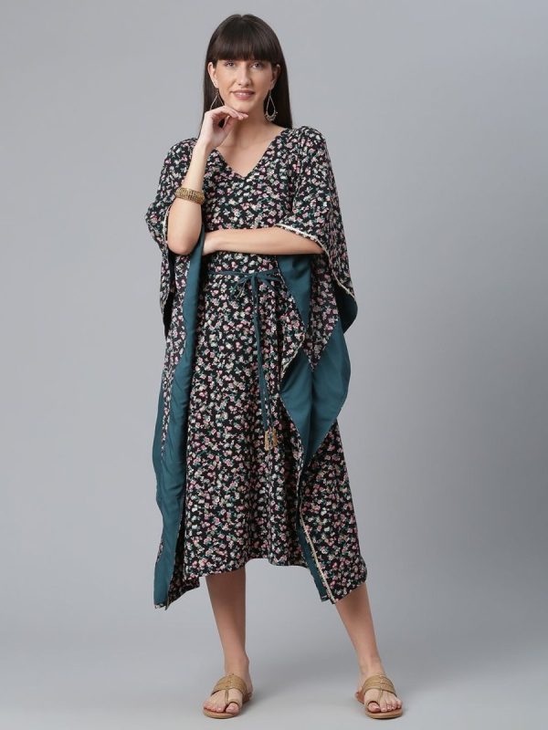 Ahalyaa Crepe Black Digital & Foil Floral Printed Kaftan Online Sale