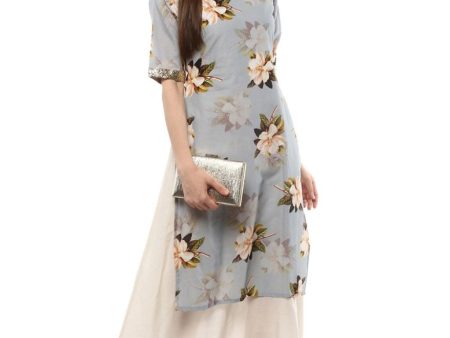 Ahalyaa Ash Blue & Cream Floral Cotton Blend Double Layered Summer Kurta Dress Fashion