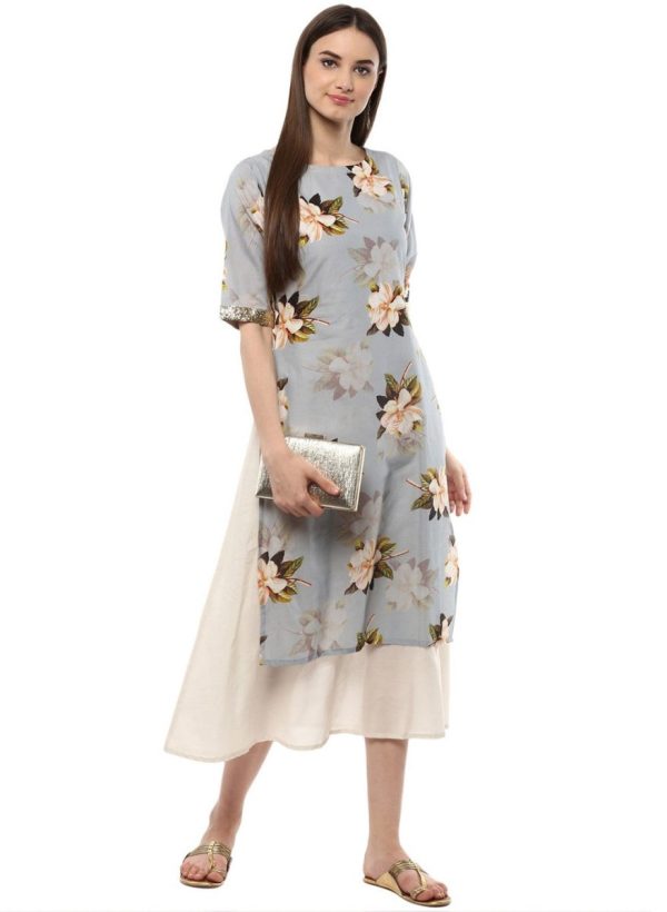 Ahalyaa Ash Blue & Cream Floral Cotton Blend Double Layered Summer Kurta Dress Fashion