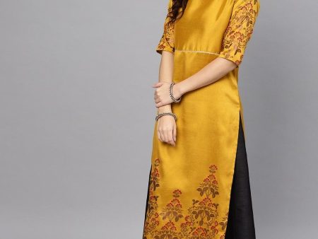 Ahalyaa Women s Mustard Poly Silk Printed Kurta Skirt Set With Dupatta Online Sale