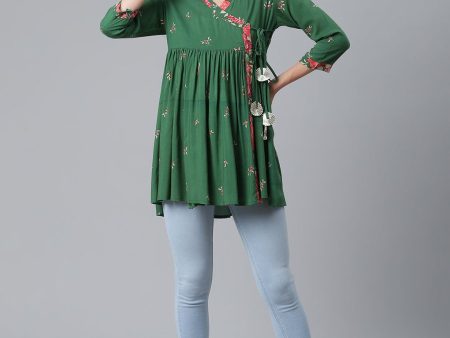 Ahalyaa Green & Pink Floral Printed Tunic For Cheap