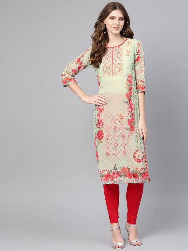 Ahalyaa Green & Coral Pink Floral Print Straight Kurta Hot on Sale