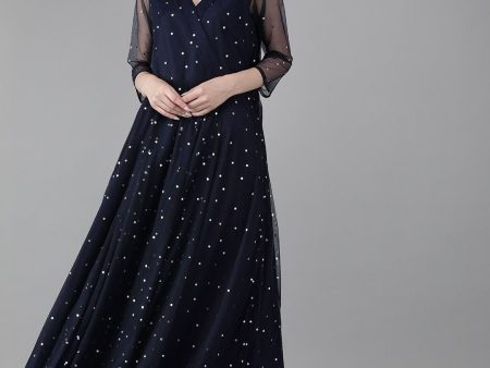 Ahalyaa Navy Blue Net & Crepe Silver Toned Polka Dots Printed Maxi Dress Online