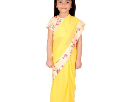 Little Bansi Girls Yellow Color 90 s Era Saree with Silk Floral Blouse For Cheap