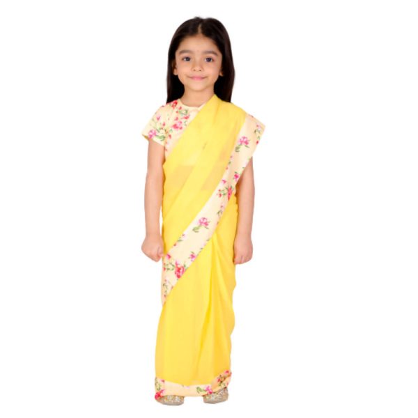 Little Bansi Girls Yellow Color 90 s Era Saree with Silk Floral Blouse For Cheap