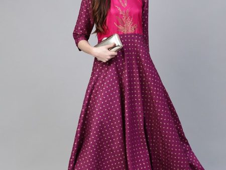 Ahalyaa Purple & Golden Screen Printed Maxi Dress Cheap